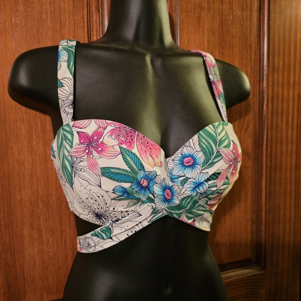 COCOREEF Ivory FloralPrint Convertible Underwire Bikini Swim Top Bra Size 36/38C